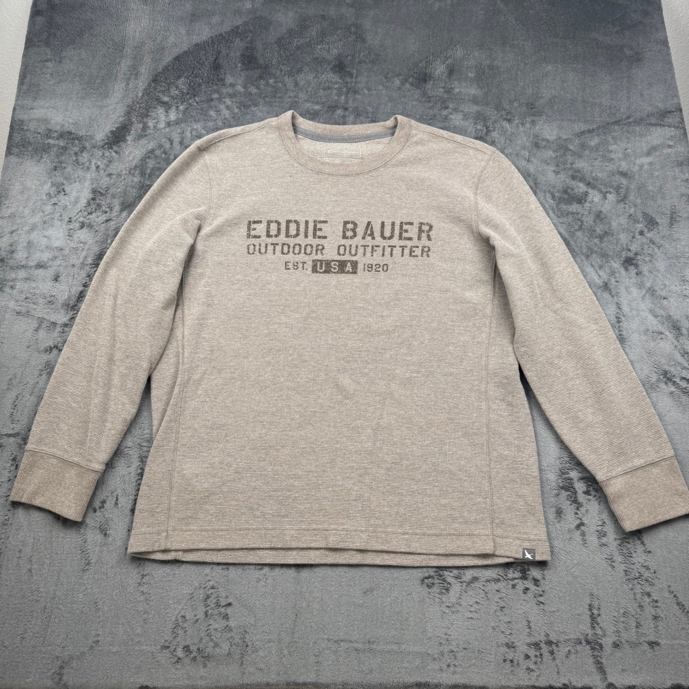 Eddie Bauer Mens XL Tan Waffle Knit Thermal Long Sleeve Graphic Shirt Y2K
